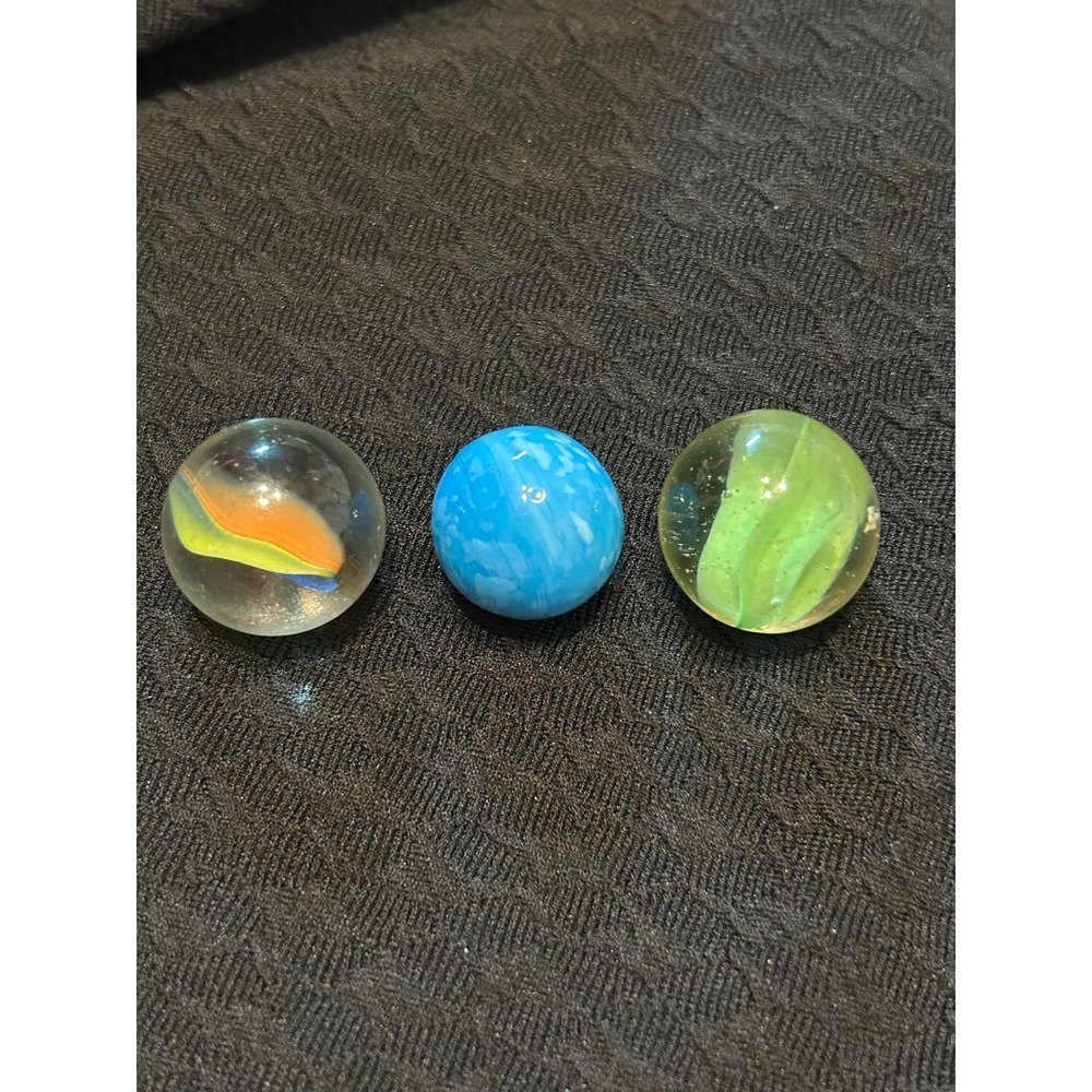 VintageMarbles Lot of 3 | Blue Swirl, Green Ribbon, Clear Core (1) 3/4" (2) 1/2"